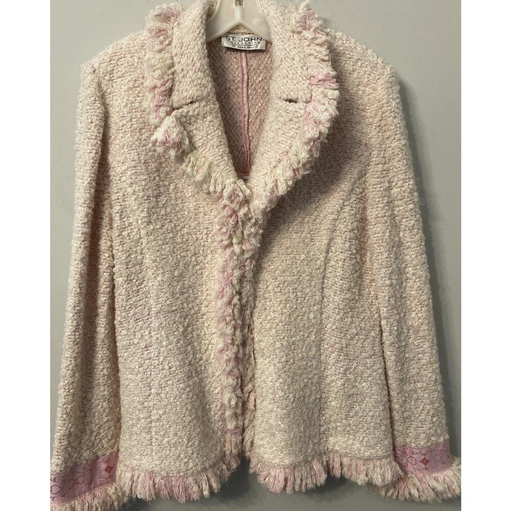 ST JOHN Collection Fringe Jacket Sz 14 Tweed Style Trim Accent With Knit Shell